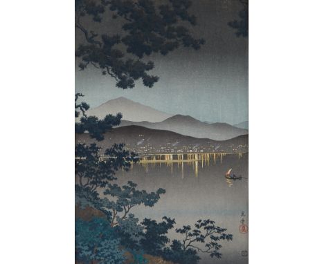 Tsuchiya Koitsu (Japanese, 1870-1949). Ukiyo-e woodblock print titled "Midnight Scene at Atami, Famous Spa" depicting a city 