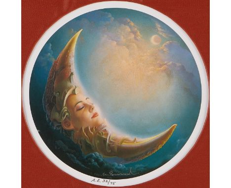 Gil Bruvel (French, b. 1959). Round embossed giclee print depicting a crescent moon with a woman's face. Signed and dated 199