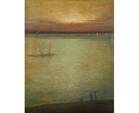 Leon Dabo (French/American, 1864 - 1960). Oil on canvas scene depicting a group of figures looking out at ships leaving a har