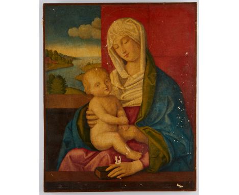 Old Master Madonna and Child painting, 18th c. or earlier. Oil on canvas. Mary is pictured cradling Jesus, her left hand rest
