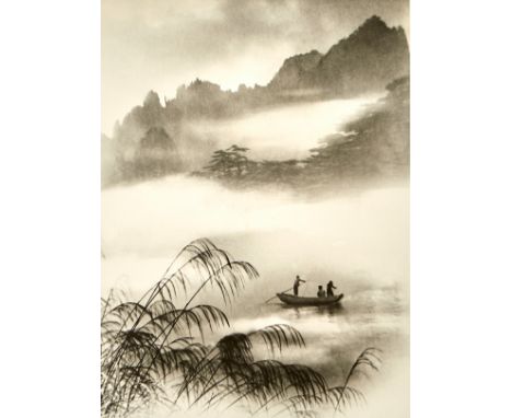 Chin San Long (Lang Jingshan) (Chinese, 1892-1995). Photograph titled "An Excursion," depicting three figures in a boat on a 