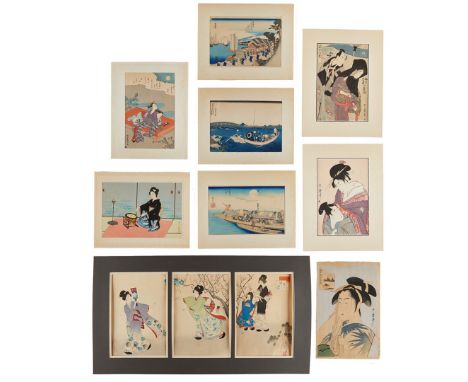 Group of nine modern Japanese woodblock prints including the following artists:Miyagawa Shuntei (Japanese, 1873-1914). Tripty