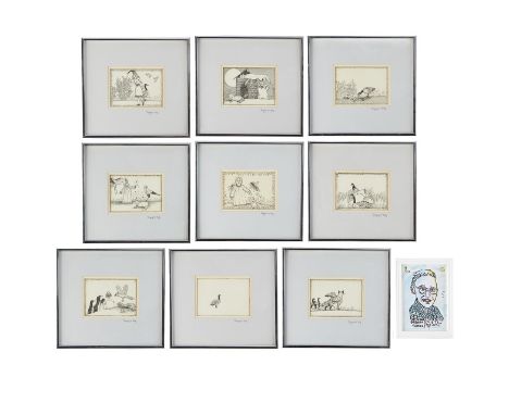 Gregory W. Bitz (American, 20th c.) Series of ten ink drawings on paper, nine framed and one unframed, and one framed print o