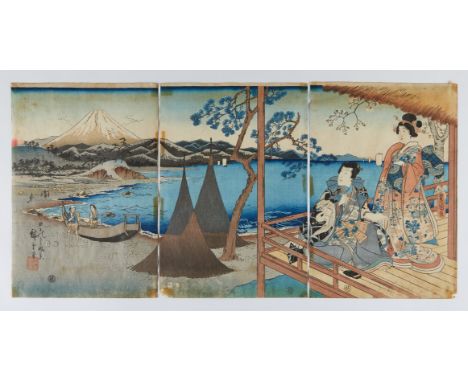 Utagawa Hiroshige (Japanese, 1797-1858). Ukiyo-e woodblock print triptych titled "Prince Genji and a Companion at Tago Bay" d