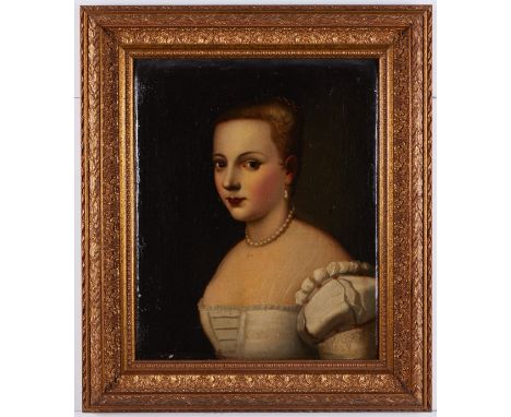 Continental School, 19th c. Oil on canvas portrait of a young woman in three-quarter view. She is richly dressed in a cream c