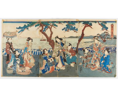 Utagawa Kunisada (Japanese, 1786-1865). Ukiyo-e woodblock print triptych on paper titled "View on the Bay of Akashi" depictin