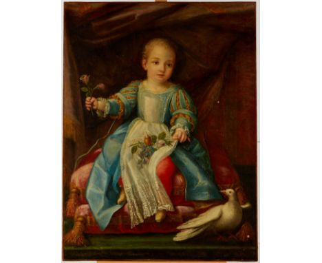 18th c. portrait of a young girl, possibly French School, in oil on canvas. The sitter is depicted elegantly dressed, claspin