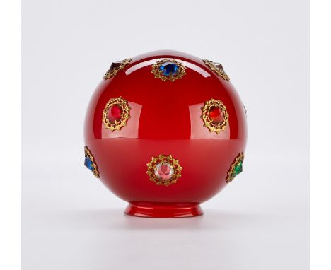 Victorian round parlor lamp shade, set with colored glass jewels with brass trim to the edges. Circa late 19th c.Height: 7 1/