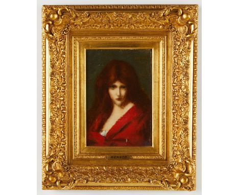 Jean-Jacques Henner (French, 1829-1905). Oil on canvas portrait depicting a lady in a red shawl, with luscious red hair falli