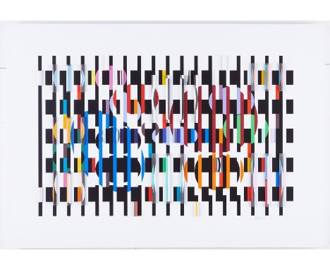 Yaacov Agam (Israeli, b. 1928). Three-dimensional polymorph print with Agam's iconic brightly colored geometric patterns. Sil
