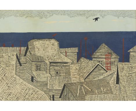 Fumio Kitaoka (1918-2007). Japanese woodblock print titled "Rooftops," depicting a city's rooftops with the sea behind. Penci