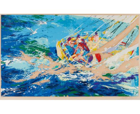 LeRoy Neiman (American, 1921-2012). Serigraph on paper titled "Aegean Sailing," depicting an active scene of a sailboat on ro