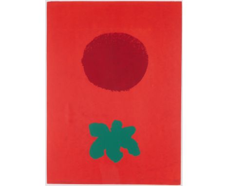 Adolph Gottlieb (American, 1903-1974). Serigraph on wove paper titled "Red Ground," 1967, depicting two abstract forms on a r