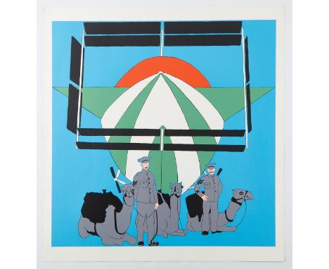 John Wesley (American, 1928-2022). Serigraph on paper titled "Anglo-Egyptian Camel Corps with a French Dirigible," 1970. Penc