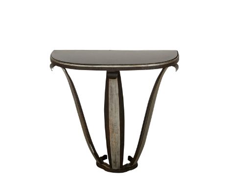Art Deco style demilune iron console table with a black marble top. With three elegantly curving legs resting on a small semi