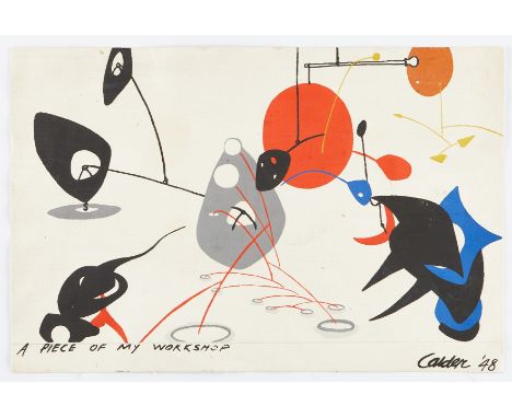 Alexander Calder (American, 1898-1976). Silkscreen in colors on canvas titled "Piece of my Workshop," depicting Calder's icon