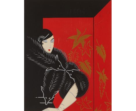 Erte (Romain de Tirtoff) (French, 1892-1990). Color serigraph on paper depicting an elegant woman in a luxurious fur scarf. P