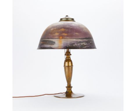 Pittsburgh Arts &amp; Crafts reverse painted table lamp, ca. early 20th c. The hand painted shade depicts a scene of a moonri
