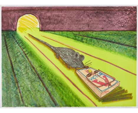 Red Grooms (American, b. 1937). Lithograph in colors on wove paper titled "Mid-Rats," depicting a rat approaching a trap in a
