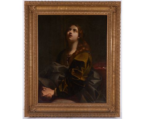 Old Master painting of a praying woman, attributed to Carlo Dolci (Italian, 1616-1686). The woman is depicted sumptuously dre