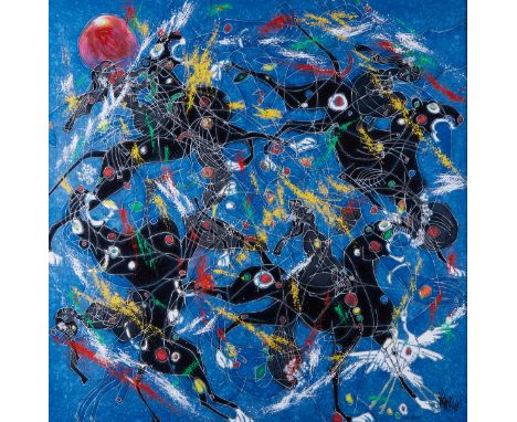 Jiang Tiefeng (Chinese/American, b. 1938). Serigraph on paper titled "Song of the Panthers," depicting a ring of panthers on 