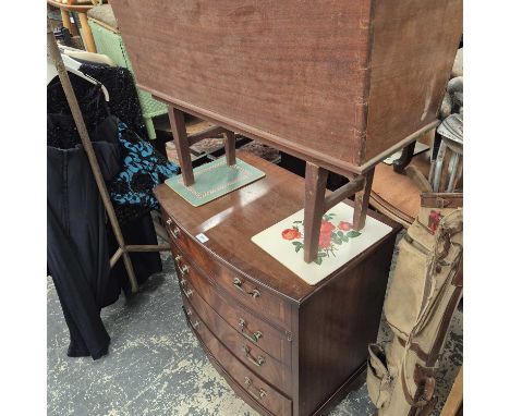 A small bow-front four-drawer chest and a coffer on a stand. 