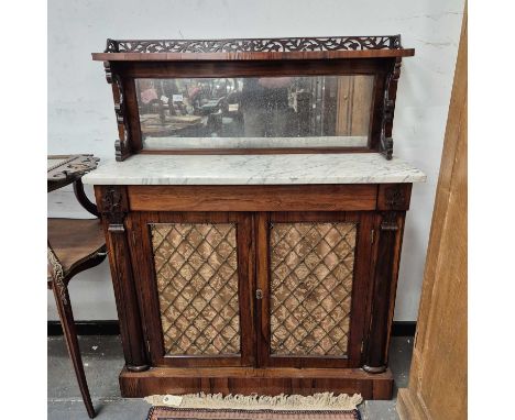 A Good William IV Rosewood marble top chiffonier side cabinet with mirrored raised gallery back over two doors with brass lat