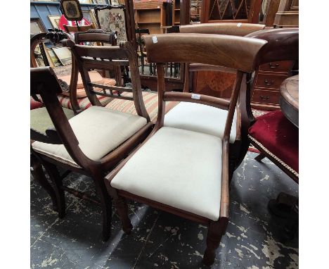A pair of regency ebonised cane seated side chairs, a pair of Victorian side chairs with drop in seats and five further 19th 