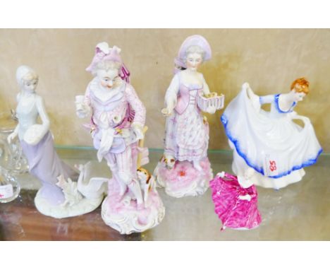 A Royal Doulton figurine 'Pamela' HN3223 with smaller Royal Doulton figure 'Kirsty' HN3213, a pair of Continental figures and