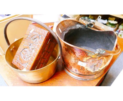 A copper coal helmet, together with a brass jam pan, carved wooden box and contents of trinket box (3)