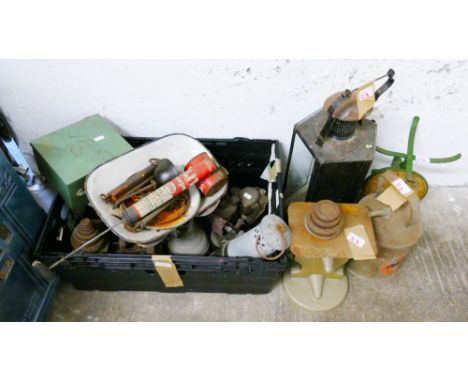 A box of metalware, including blow torch, scales, tilley lamp etc, together with a lantern, scales, fuel can and scales with 