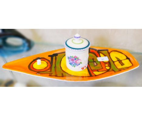Poole Pottery dish - Delpnis shape 82, painted by Carol Cutler 1960-1975, together with a Poole preserve pot (2)