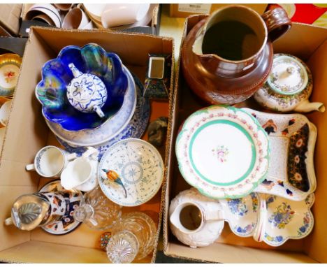 Two boxes of china and glass, including 2 decanters, paperweights, Masons ware, stoneware jug, Copeland Spode, blue Worcester