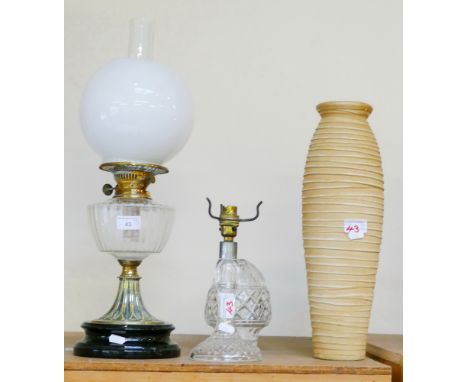 An oil lamp, glass table lamp and tall vase (3)