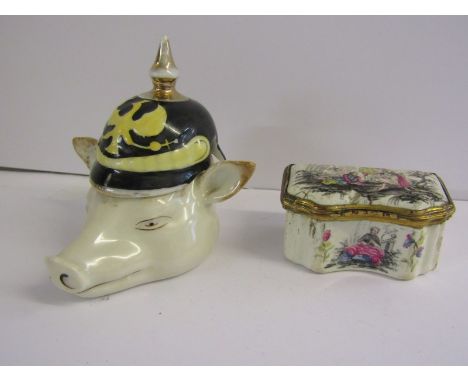 ANTIQUE PORCELAIN SNUFF BOX, Continental design gilt mounted snuff box, decorated with figures within garden setting (numerou