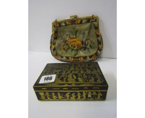FASHION, floral tapestry ladies vintage clutch bag; also an Egyptian engraved brass cigarette box, 5.5" width 