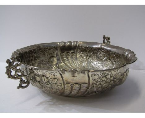 VICTORIAN SILVER FRUIT BOWL, twin handled oval fruit bowl with embossed floral decoration, 10" (26cm) dia, London HM, 1891, 4