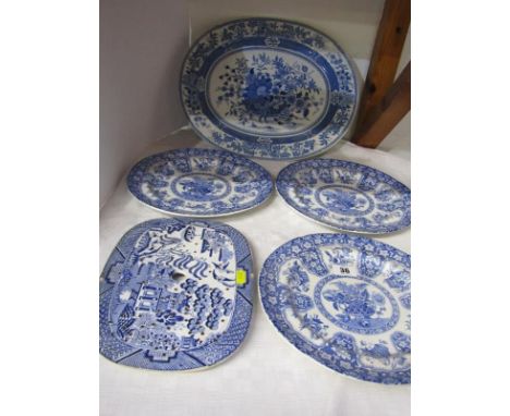 BLUE TRANSFER, set of 3 Spode "Bowl of Flowers" pattern dessert plates, similar serving plate and Victorian Willow pattern st