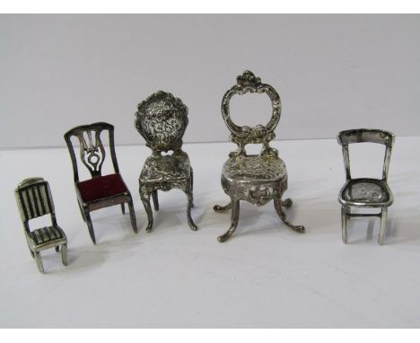 SILVER DOLLS HOUSE FURNITURE, collection of 5 various design chairs 