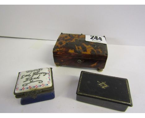 TORTOISESHELL JEWEL BOX, with mirrored interior; also Battersea-style enamelled memento box and Victorian papier mache snuff 