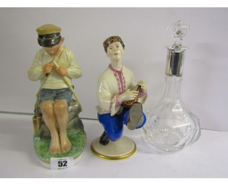 COPENHAGEN, figure of Boy whittling a stick, model no 905, 7.5" height; also Russian figure of Balalaika Player a/f and silve