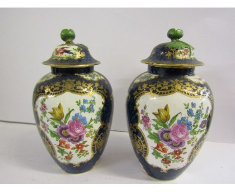 WORCESTER-STYLE, "Exotic Bird" scale blue ground pair of lidded 6" vases, possibly Booths 