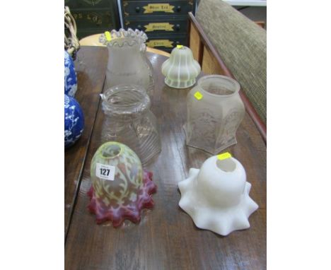 ANTIQUE LIGHT SHADES, Edwardian vaseline glass crinoline edge light shade, acid etched hexagonal light shade and 4 others 