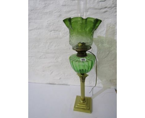 ANTIQUE OIL LAMP, brass square base column support oil lamp, green glass reservoir and crinoline moulded shade (converted to 