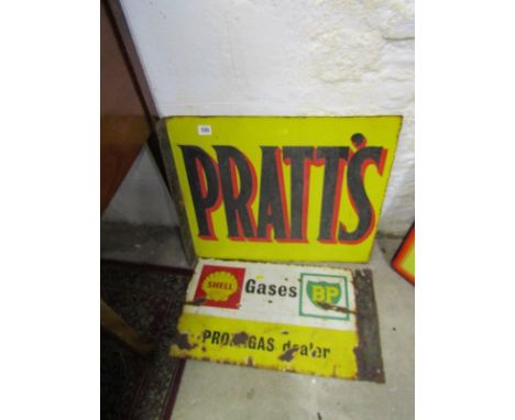 ADVERTISING, wall mounted enamel metal sign "Pratt's", 18" x 21", also 'Shell/BP Gases' small sign 