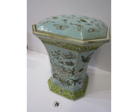 ORIENTAL CERAMICS, octagonal splayed rim vase with pierced lid decorated with floral and butterfly designs on light blue grou