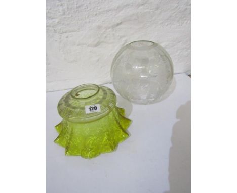 EDWARDIAN LAMP SHADE, crinoline yellow glass oil lamp shade with foliate acid decoration, 2.5" base dia; together with spheri