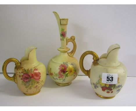 ROYAL WORCESTER, peach ground, 2 gilt handled floral decorated ewer jugs, 1 pattern 1094, together with similar 7" ewer jug p