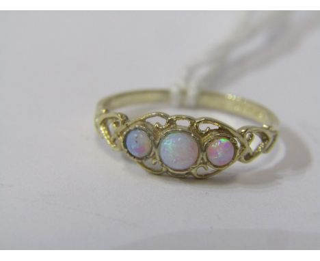 9ct YELLOW GOLD 3 STONE OPAL RING, size N 