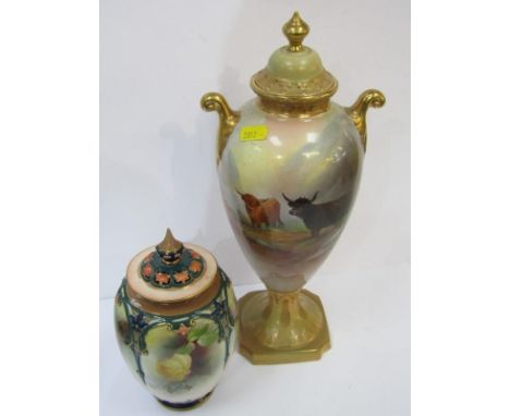 ROYAL WORCESTER, rose decorated pierced lidded vase, pattern no 169/H1038 signed CH, 7.5" height; together with Crown Devon "